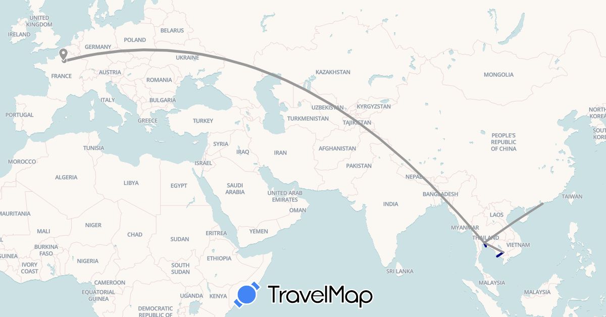 TravelMap itinerary: driving, plane in France, Hong Kong, Cambodia, Thailand (Asia, Europe)